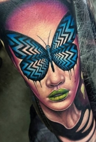 new school彩色蓝色蝴蝶和女人脸手臂纹身图案