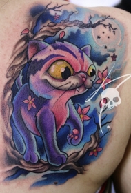 背部彩色的可爱卡通猫与树纹身图案