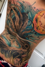 背部3D彩色的大树与月亮和音符纹身图案