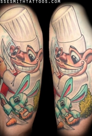 手臂卡通风格的彩色厨师与兔子萝卜纹身图案