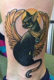 可爱埃及猫和金色翅膀脚踝纹身图案