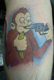 手枪和香蕉猴子卡通彩色纹身图案
