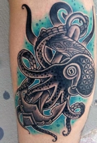 小腿卡通风格彩色章鱼与船锚纹身图案