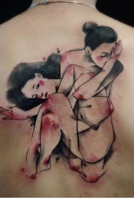 背部日式各色女性简约纹身图案