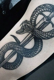 手臂黑白蛇缠绕匕首个性纹身图案