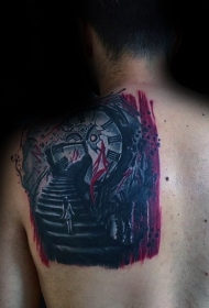 背部彩色的神秘楼梯与女孩和时钟纹身图案