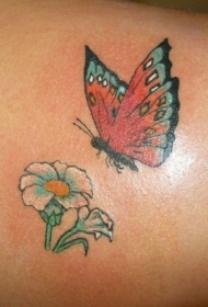 背部飞行美丽的蝴蝶和花朵纹身图案