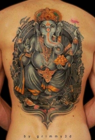 背部彩绘印度象神纹身图案