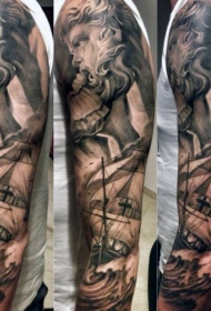 大臂黑白海神和帆船纹身图案
