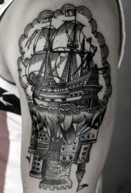 大臂雕刻风格黑色线条帆船与城堡纹身图案