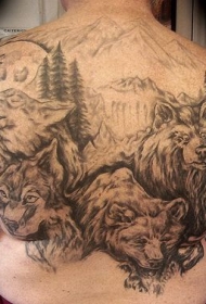 满背的狼群山脉风景纹身图案
