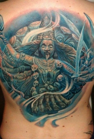 背部插画风格彩色的印度教女神纹身图案