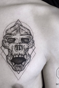 胸部雕刻风格黑色猴子头骨与几何图形纹身图案