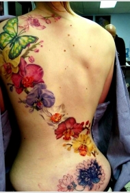 女生背部漂亮的不同颜色兰花纹身图案