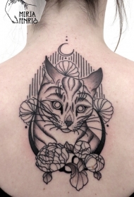 背部简单的黑色线条甜蜜猫咪纹身图案