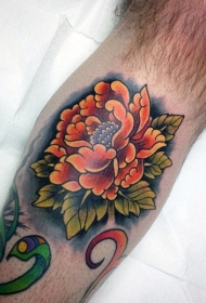 小腿new school彩色美丽的花朵纹身图案