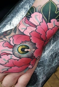手背new school彩色花朵与眼球纹身图案