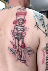 背部彩色的灯塔与性感水手女人纹身图案