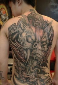 背部幽灵般的灰色邪龙纹身图案