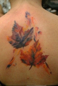 写实的彩绘枫叶背部纹身图案