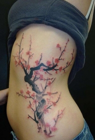 侧肋美丽的樱花树个性纹身图案