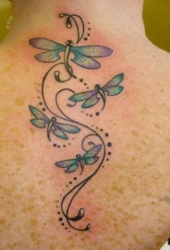 背部彩色的蜻蜓和藤蔓纹身图案