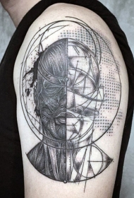 手臂科学风格的黑白男子头像纹身图案