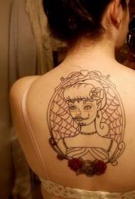 背部玫瑰蜘蛛网与死亡女郎纹身图案
