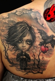 臂部彩绘神秘女子结合乌鸦和心形纹身图案