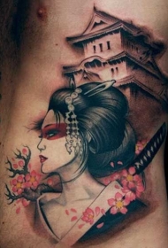侧肋彩色的亚洲女战士与房子纹身图案