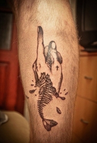 小腿超现实主义风格黑色手腿和鱼骨架纹身图案