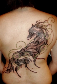 背部黑色线条狼与藤蔓纹身图案