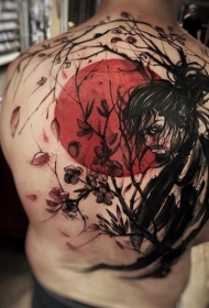 背部日式的彩色武士与花朵太阳纹身图案