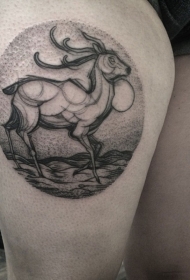 大腿圆形黑色鹿和沙漠纹身图案
