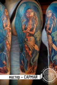 手臂插画风格颜色漂亮的海底与女孩纹身图案