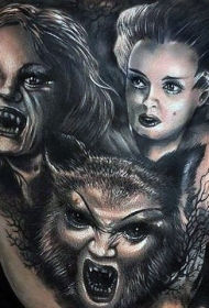 恐怖电影风格黑白各种怪物背部纹身图案