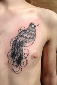 胸部黑灰点刺线条可爱的小鸟纹身图案