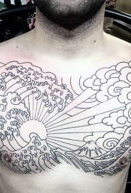 胸部黑白亚洲风格的太阳和浪花纹身图案
