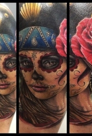 墨西哥式彩色美女肖像与红玫瑰纹身图案