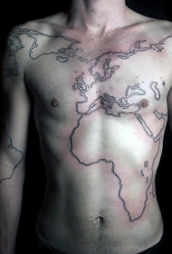 胸部和腹部简约的黑色线条世界地图纹身图案
