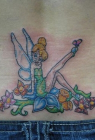背部迷人的苗条精灵坐在花上纹身图案