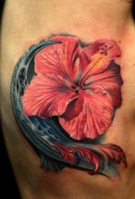 美丽的芙蓉花彩色侧肋纹身图案