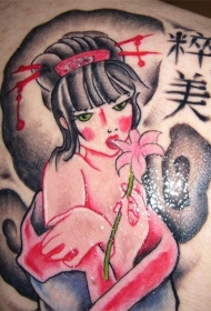 背部简单的漫画风格彩绘艺妓纹身图案