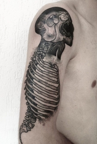 胳膊雕刻风格黑色狮子头与人类骨骼纹身图案