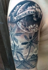 手臂写实的棕榈树和字母海滩纹身图案