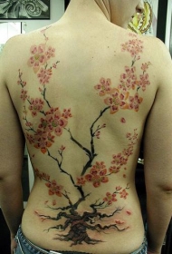 彩色樱花树满背纹身图案