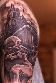 大臂黑灰风格令人毛骨悚然的教堂与骷髅骨架纹身图案