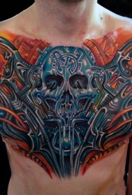 胸部幻想风格彩色机械骨架纹身图案