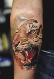 手臂咆哮的老虎头像逼真彩绘纹身图案