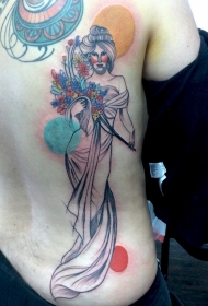 背部新日本风格线条艺妓与花朵纹身图案